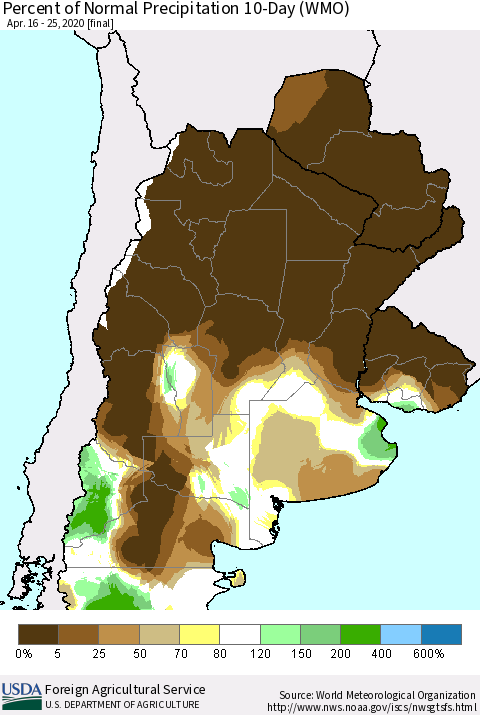 Southern South America Percent of Normal Precipitation 10-Day (WMO) Thematic Map For 4/16/2020 - 4/25/2020
