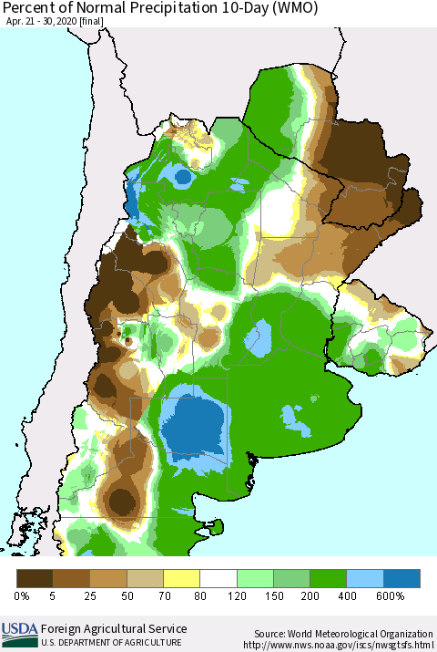 Southern South America Percent of Normal Precipitation 10-Day (WMO) Thematic Map For 4/21/2020 - 4/30/2020