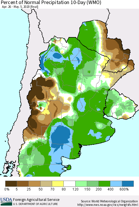 Southern South America Percent of Normal Precipitation 10-Day (WMO) Thematic Map For 4/26/2020 - 5/5/2020