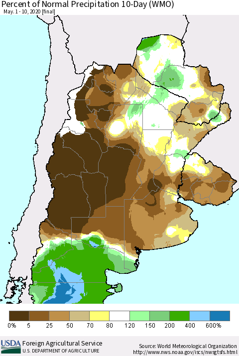 Southern South America Percent of Normal Precipitation 10-Day (WMO) Thematic Map For 5/1/2020 - 5/10/2020