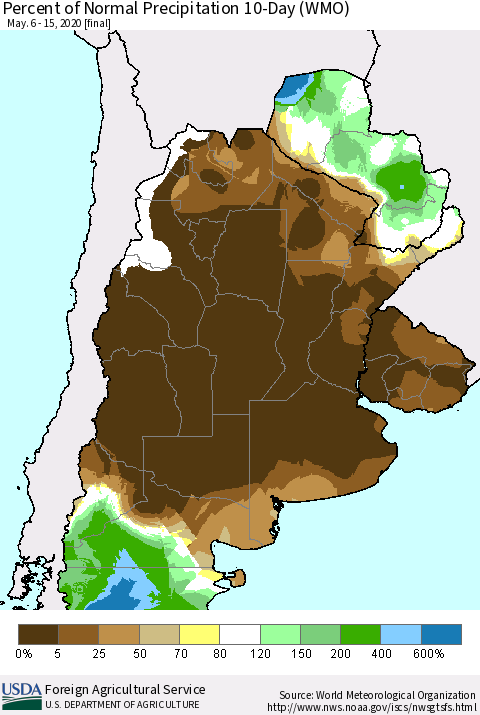 Southern South America Percent of Normal Precipitation 10-Day (WMO) Thematic Map For 5/6/2020 - 5/15/2020