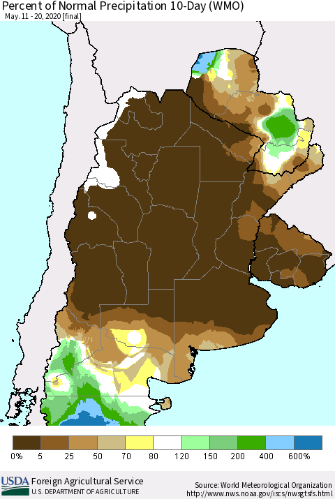 Southern South America Percent of Normal Precipitation 10-Day (WMO) Thematic Map For 5/11/2020 - 5/20/2020