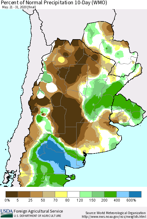 Southern South America Percent of Normal Precipitation 10-Day (WMO) Thematic Map For 5/21/2020 - 5/31/2020