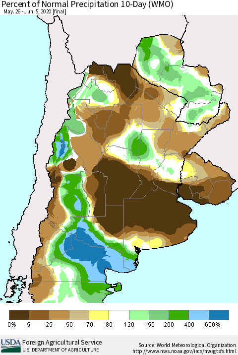 Southern South America Percent of Normal Precipitation 10-Day (WMO) Thematic Map For 5/26/2020 - 6/5/2020