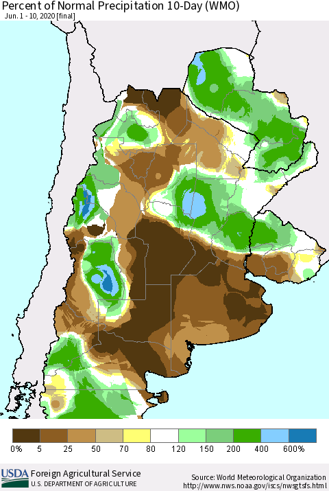 Southern South America Percent of Normal Precipitation 10-Day (WMO) Thematic Map For 6/1/2020 - 6/10/2020