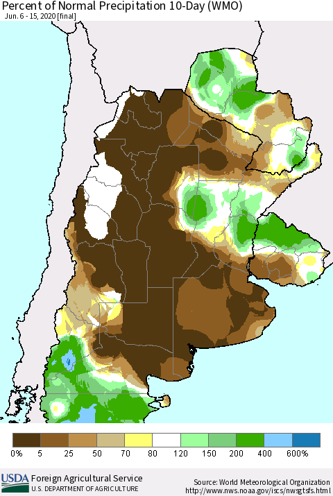 Southern South America Percent of Normal Precipitation 10-Day (WMO) Thematic Map For 6/6/2020 - 6/15/2020