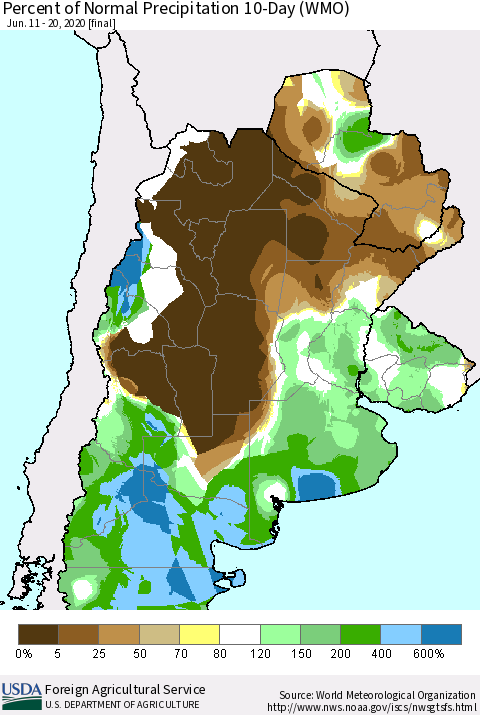 Southern South America Percent of Normal Precipitation 10-Day (WMO) Thematic Map For 6/11/2020 - 6/20/2020