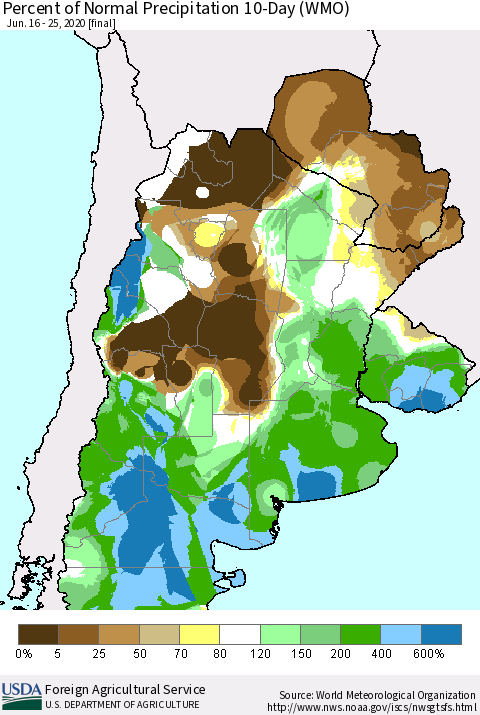 Southern South America Percent of Normal Precipitation 10-Day (WMO) Thematic Map For 6/16/2020 - 6/25/2020