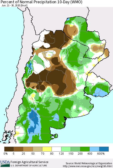 Southern South America Percent of Normal Precipitation 10-Day (WMO) Thematic Map For 6/21/2020 - 6/30/2020