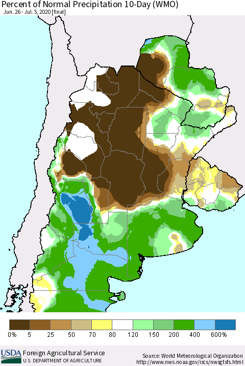 Southern South America Percent of Normal Precipitation 10-Day (WMO) Thematic Map For 6/26/2020 - 7/5/2020