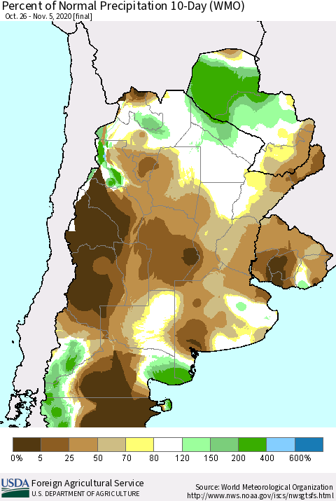 Southern South America Percent of Normal Precipitation 10-Day (WMO) Thematic Map For 10/26/2020 - 11/5/2020
