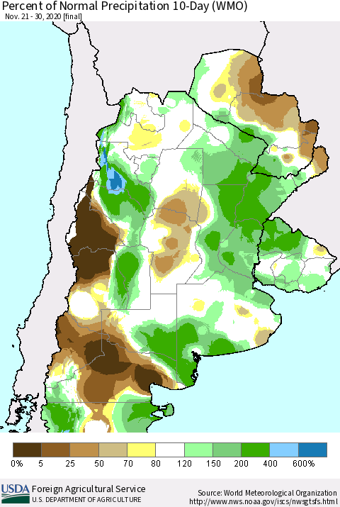 Southern South America Percent of Normal Precipitation 10-Day (WMO) Thematic Map For 11/21/2020 - 11/30/2020