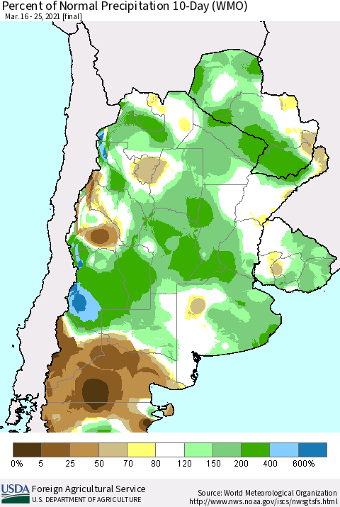 Southern South America Percent of Normal Precipitation 10-Day (WMO) Thematic Map For 3/16/2021 - 3/25/2021