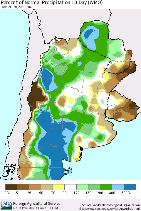 Southern South America Percent of Normal Precipitation 10-Day (WMO) Thematic Map For 4/21/2021 - 4/30/2021