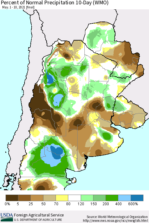 Southern South America Percent of Normal Precipitation 10-Day (WMO) Thematic Map For 5/1/2021 - 5/10/2021