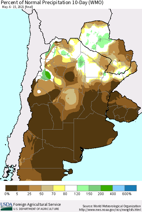 Southern South America Percent of Normal Precipitation 10-Day (WMO) Thematic Map For 5/6/2021 - 5/15/2021