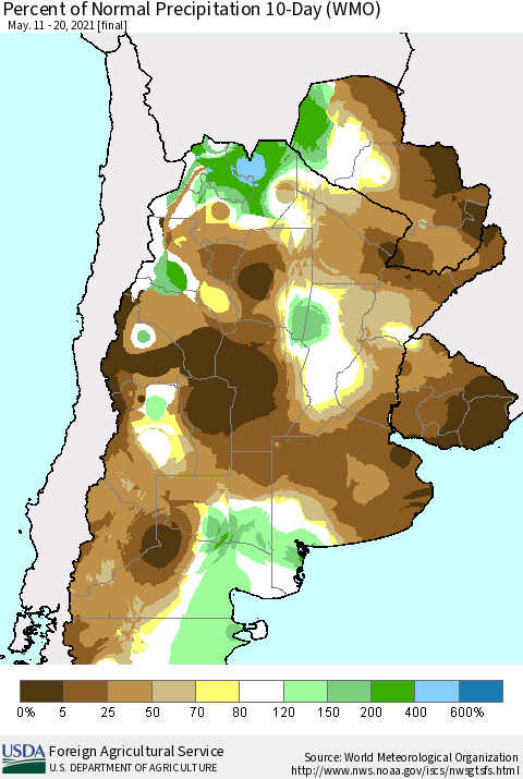 Southern South America Percent of Normal Precipitation 10-Day (WMO) Thematic Map For 5/11/2021 - 5/20/2021
