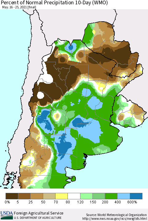 Southern South America Percent of Normal Precipitation 10-Day (WMO) Thematic Map For 5/16/2021 - 5/25/2021