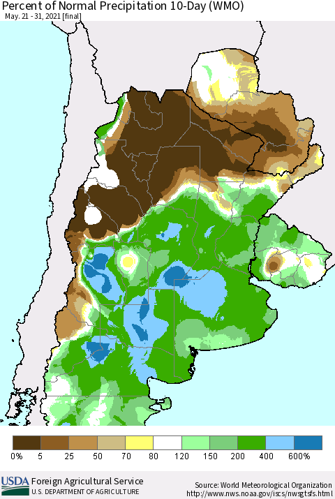 Southern South America Percent of Normal Precipitation 10-Day (WMO) Thematic Map For 5/21/2021 - 5/31/2021