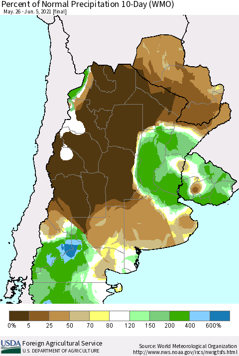 Southern South America Percent of Normal Precipitation 10-Day (WMO) Thematic Map For 5/26/2021 - 6/5/2021