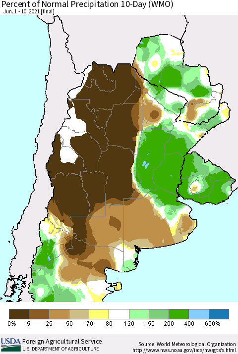 Southern South America Percent of Normal Precipitation 10-Day (WMO) Thematic Map For 6/1/2021 - 6/10/2021
