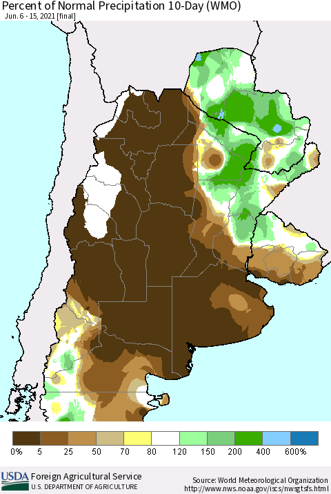 Southern South America Percent of Normal Precipitation 10-Day (WMO) Thematic Map For 6/6/2021 - 6/15/2021