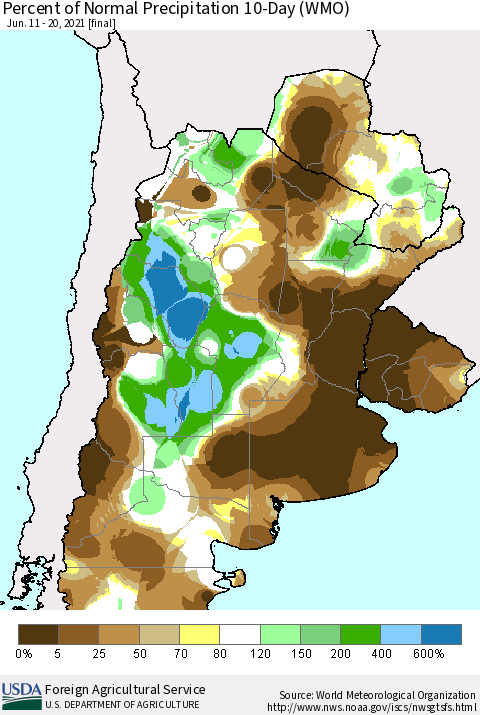 Southern South America Percent of Normal Precipitation 10-Day (WMO) Thematic Map For 6/11/2021 - 6/20/2021