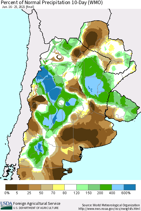 Southern South America Percent of Normal Precipitation 10-Day (WMO) Thematic Map For 6/16/2021 - 6/25/2021