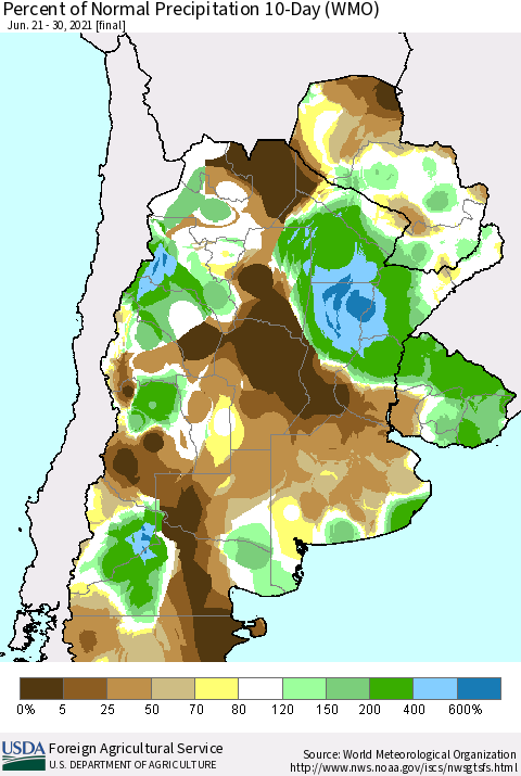 Southern South America Percent of Normal Precipitation 10-Day (WMO) Thematic Map For 6/21/2021 - 6/30/2021