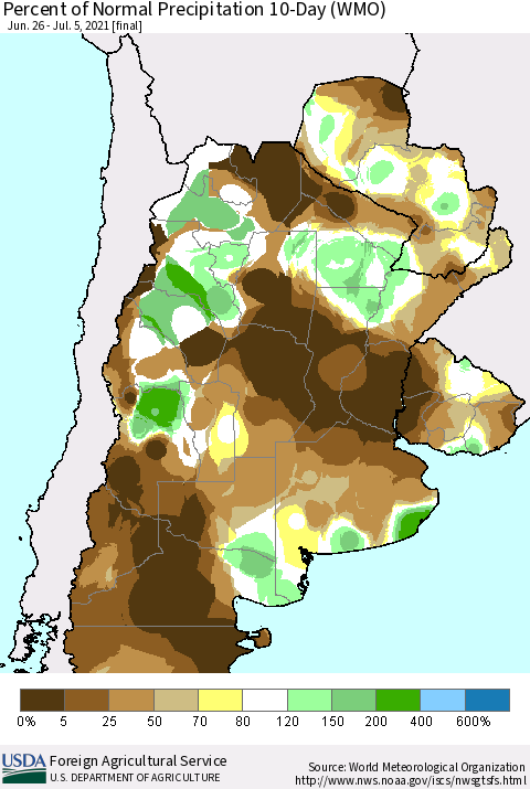 Southern South America Percent of Normal Precipitation 10-Day (WMO) Thematic Map For 6/26/2021 - 7/5/2021