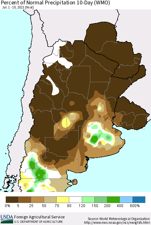 Southern South America Percent of Normal Precipitation 10-Day (WMO) Thematic Map For 7/1/2021 - 7/10/2021