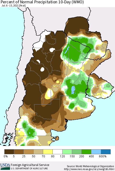 Southern South America Percent of Normal Precipitation 10-Day (WMO) Thematic Map For 7/6/2021 - 7/15/2021