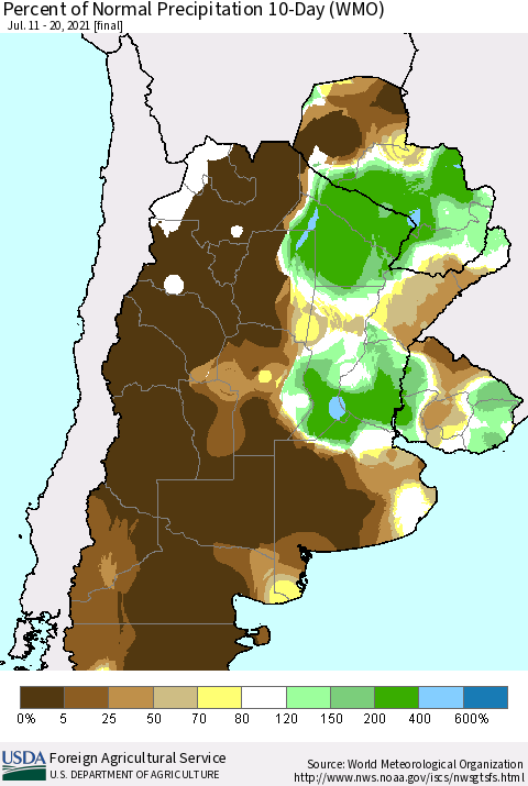 Southern South America Percent of Normal Precipitation 10-Day (WMO) Thematic Map For 7/11/2021 - 7/20/2021