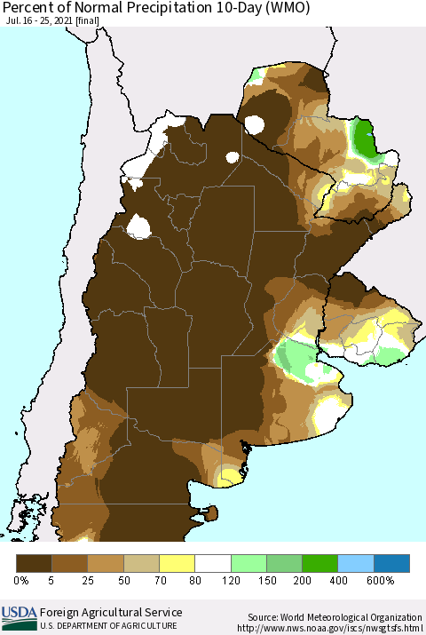 Southern South America Percent of Normal Precipitation 10-Day (WMO) Thematic Map For 7/16/2021 - 7/25/2021