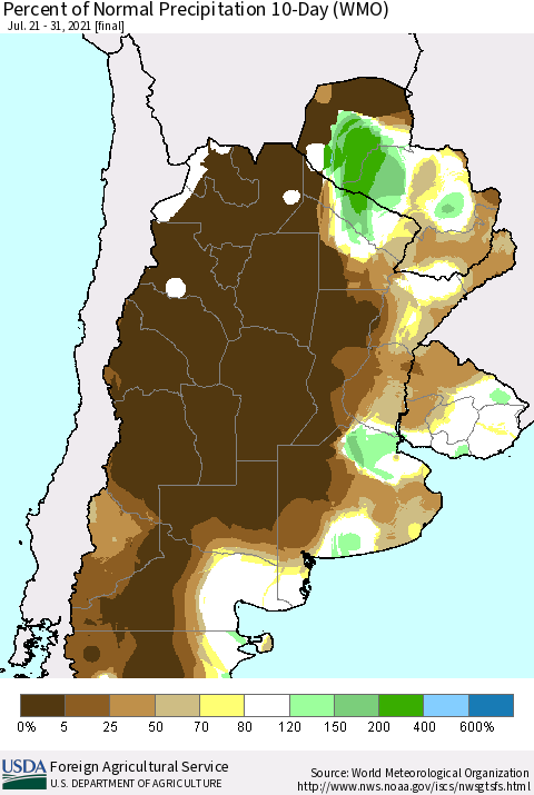 Southern South America Percent of Normal Precipitation 10-Day (WMO) Thematic Map For 7/21/2021 - 7/31/2021