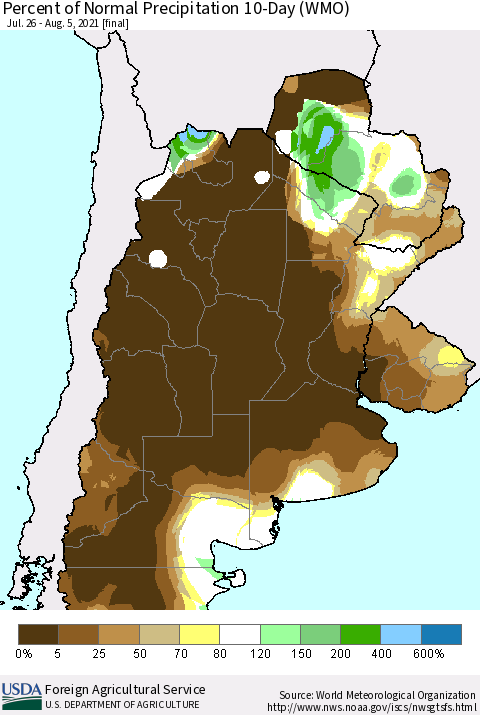 Southern South America Percent of Normal Precipitation 10-Day (WMO) Thematic Map For 7/26/2021 - 8/5/2021
