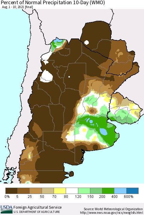 Southern South America Percent of Normal Precipitation 10-Day (WMO) Thematic Map For 8/1/2021 - 8/10/2021