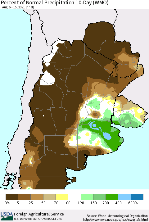 Southern South America Percent of Normal Precipitation 10-Day (WMO) Thematic Map For 8/6/2021 - 8/15/2021