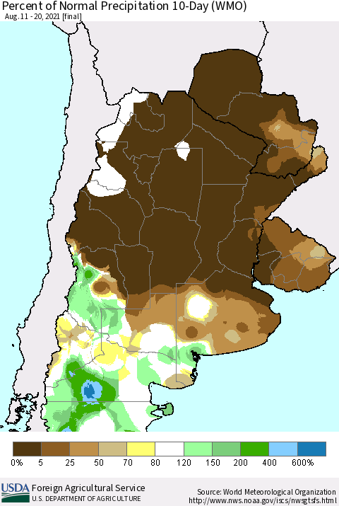 Southern South America Percent of Normal Precipitation 10-Day (WMO) Thematic Map For 8/11/2021 - 8/20/2021