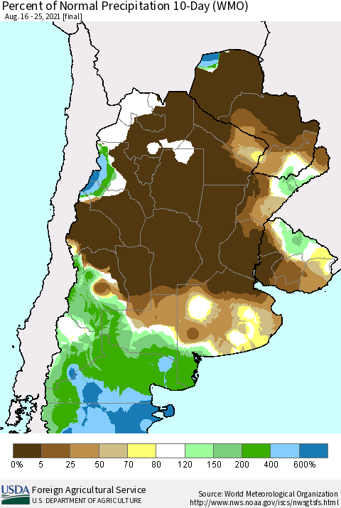 Southern South America Percent of Normal Precipitation 10-Day (WMO) Thematic Map For 8/16/2021 - 8/25/2021