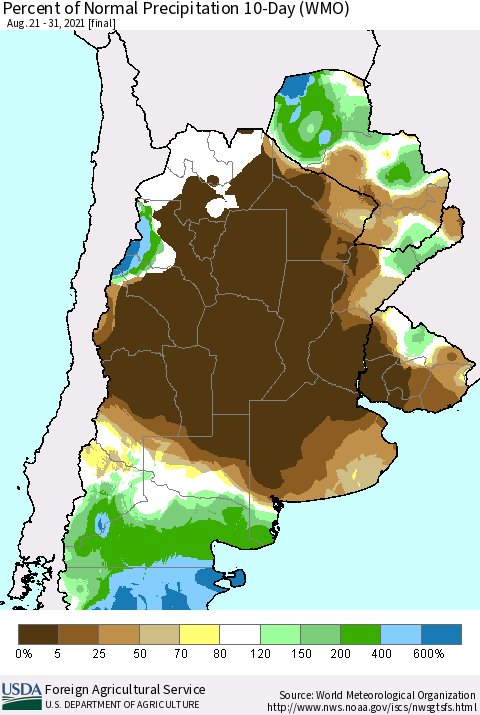 Southern South America Percent of Normal Precipitation 10-Day (WMO) Thematic Map For 8/21/2021 - 8/31/2021