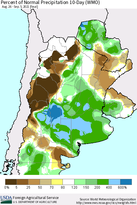 Southern South America Percent of Normal Precipitation 10-Day (WMO) Thematic Map For 8/26/2021 - 9/5/2021