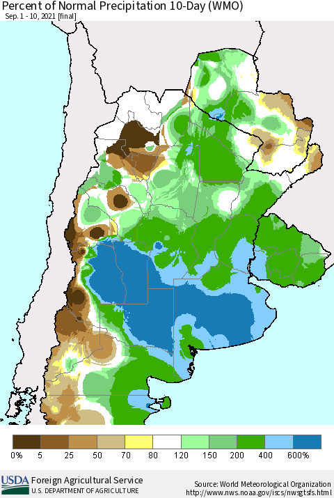 Southern South America Percent of Normal Precipitation 10-Day (WMO) Thematic Map For 9/1/2021 - 9/10/2021