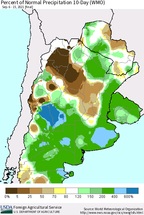 Southern South America Percent of Normal Precipitation 10-Day (WMO) Thematic Map For 9/6/2021 - 9/15/2021