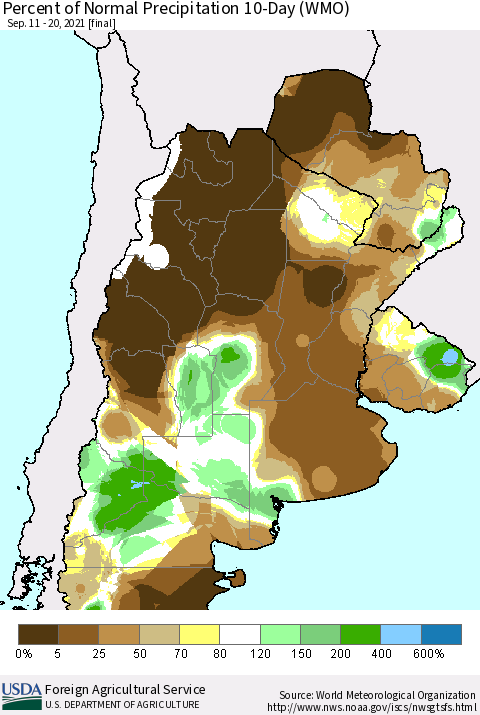 Southern South America Percent of Normal Precipitation 10-Day (WMO) Thematic Map For 9/11/2021 - 9/20/2021