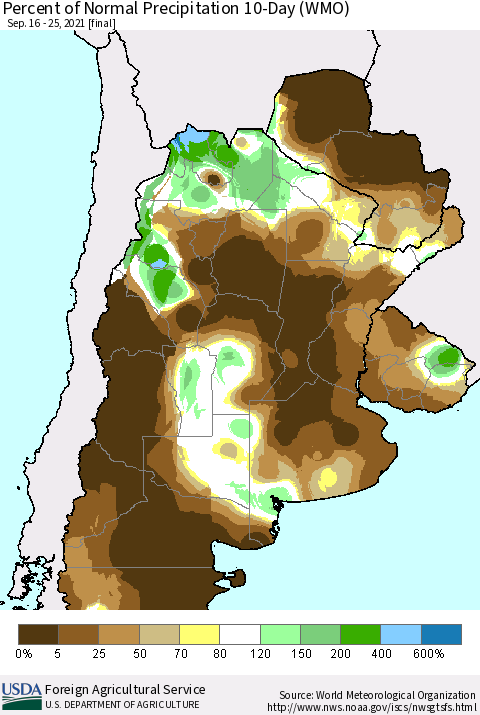 Southern South America Percent of Normal Precipitation 10-Day (WMO) Thematic Map For 9/16/2021 - 9/25/2021