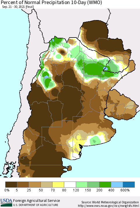 Southern South America Percent of Normal Precipitation 10-Day (WMO) Thematic Map For 9/21/2021 - 9/30/2021