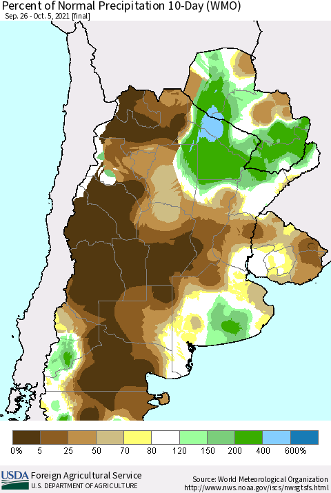 Southern South America Percent of Normal Precipitation 10-Day (WMO) Thematic Map For 9/26/2021 - 10/5/2021