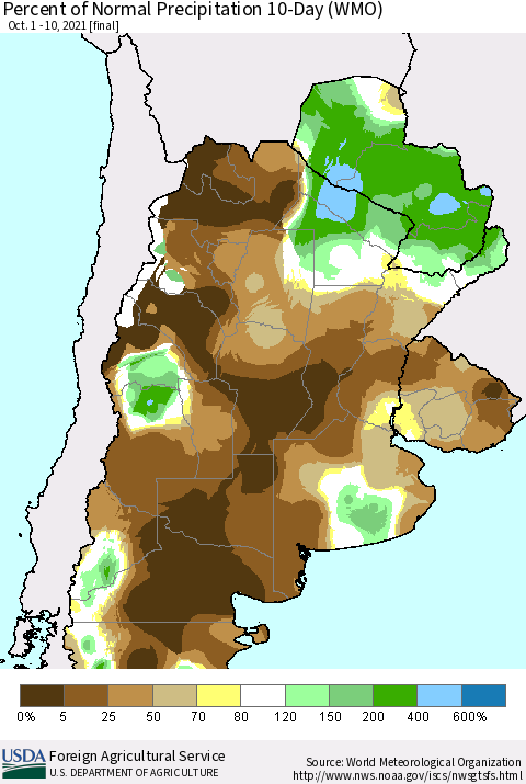 Southern South America Percent of Normal Precipitation 10-Day (WMO) Thematic Map For 10/1/2021 - 10/10/2021