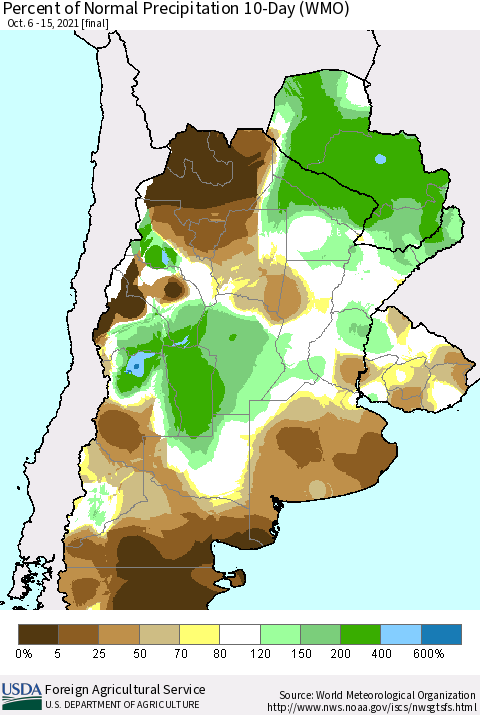 Southern South America Percent of Normal Precipitation 10-Day (WMO) Thematic Map For 10/6/2021 - 10/15/2021